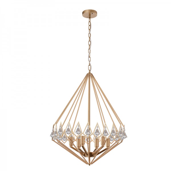 Lustre pendente moderno em cristal dourado com design em pião, ideal para sala de jantar, estar e área gourmet. Lustres Gênesis loja online de Lustres e Iluminação Decorativa